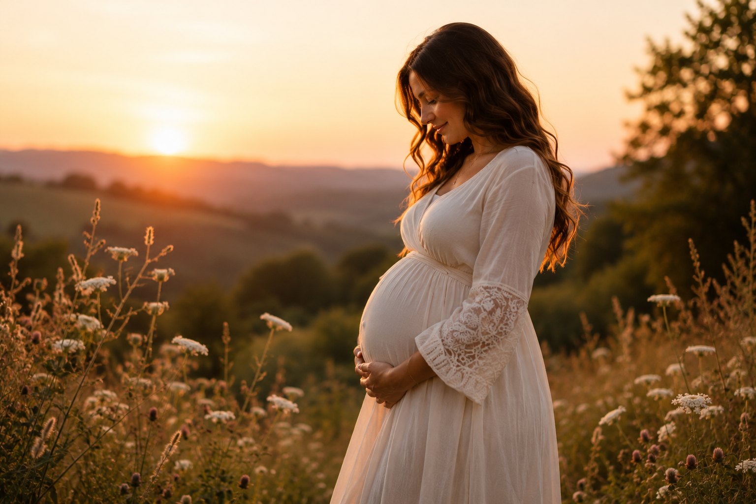 Schwangere Frau im Sonnenuntergang